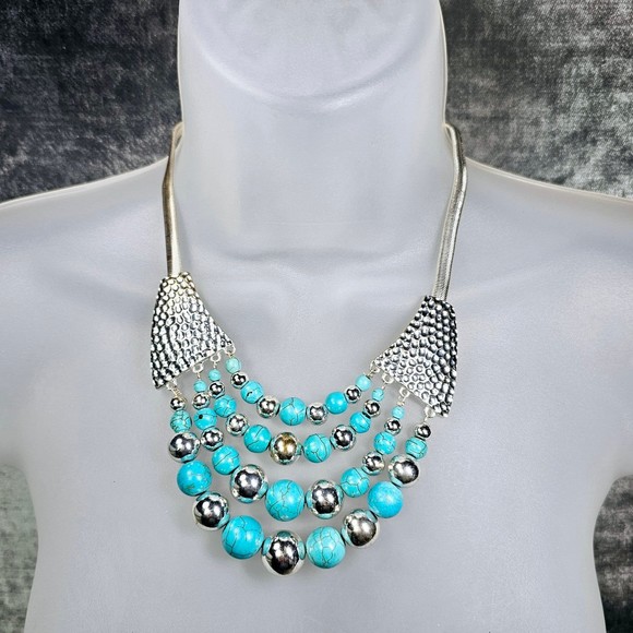 Faux Turquoise Necklace Bib Silvertone Multi Layer Beaded Statement Jewelry - Picture 3 of 8